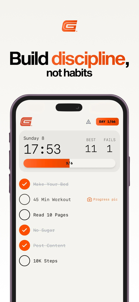66 Challenge - La interfaz de la aplicación Reto 66 Días mostrando una lista de tareas diarias y estadísticas de progreso