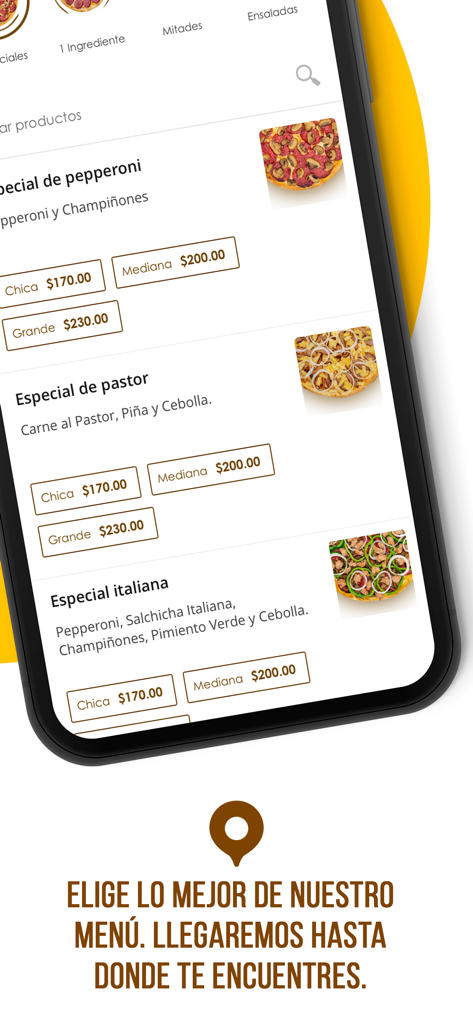 Pizzas Plaza - El menú de la aplicación móvil Pizzas Plaza muestra opciones de pizza de pepperoni y pastor.