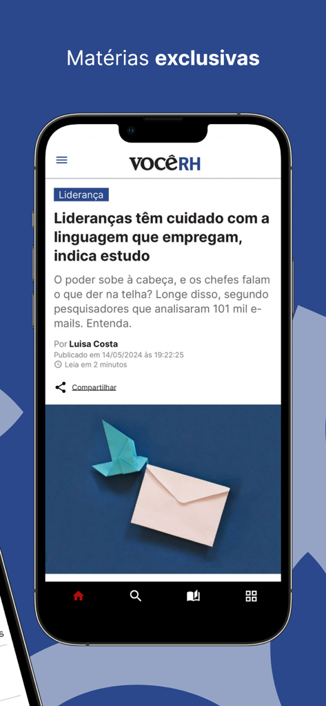 VOCÊ RH - Interface do aplicativo VOCE RH mostrando um artigo sobre liderança empresarial em português