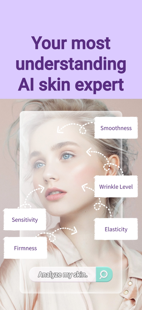 Skin AI - Best AI Skin Expert - Interfaz de aplicación móvil que muestra análisis de piel facial por IA con métricas de suavidad, nivel de arrugas y elasticidad