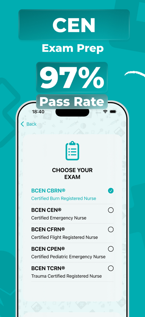 CEN Review & Prep 2026 - Mobile app interface for CEN Review and Prep 2026 showing a list of nursing certification exams to choose from.