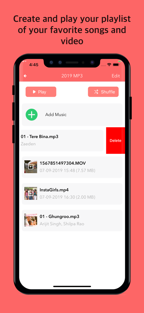 VideoCopy: Download manager - VideoCopy app interface showing a media playlist with music and video files and playback controls