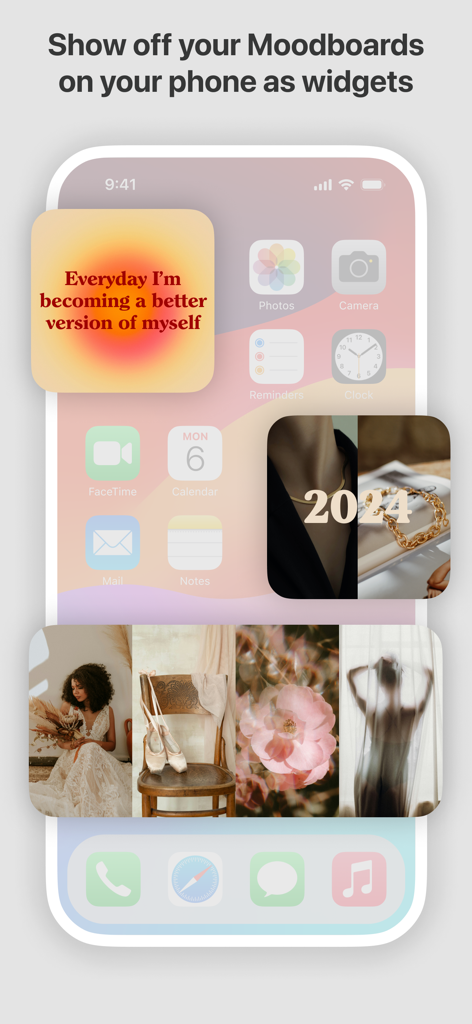 Moodboard - Photo Video Layout - Ästhetische Vision Board- und Affirmations-Widgets auf einem iPhone-Startbildschirm