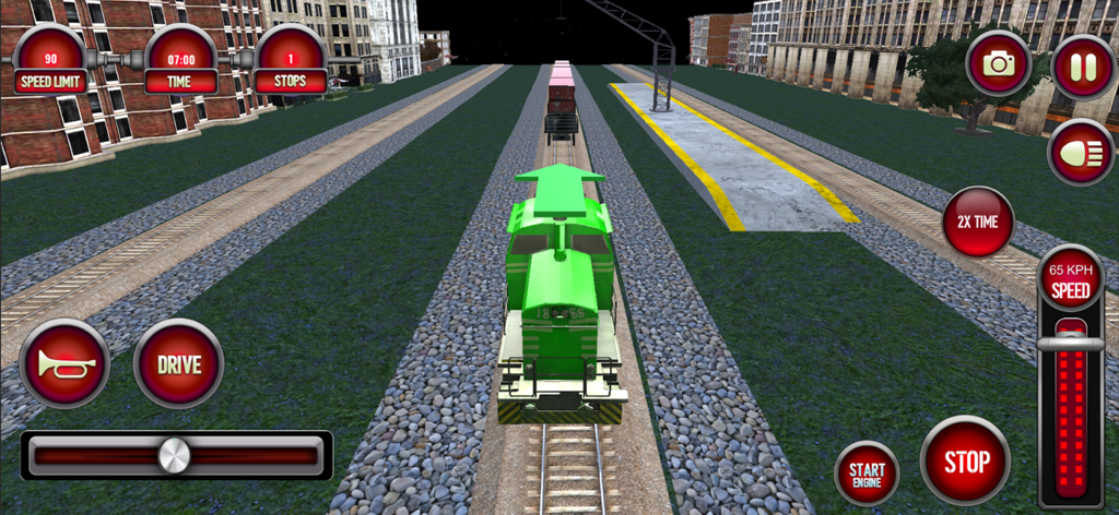 Locomotora verde conduciendo sobre vías a través de una ciudad en un juego simulador de trenes