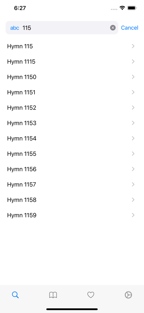 Hymns Mobile - Hymns Mobile app search screen showing hymn results for number 115