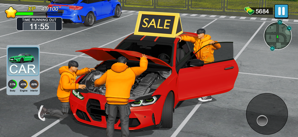 Mechanic characters inspecting a red car engine in a car dealer simulator