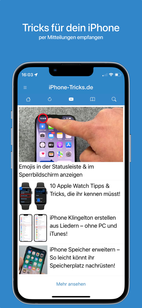 iPhone Tricksアプリのスクリーンショット。チュートリアルとiOSのヒントのリストが表示されています。