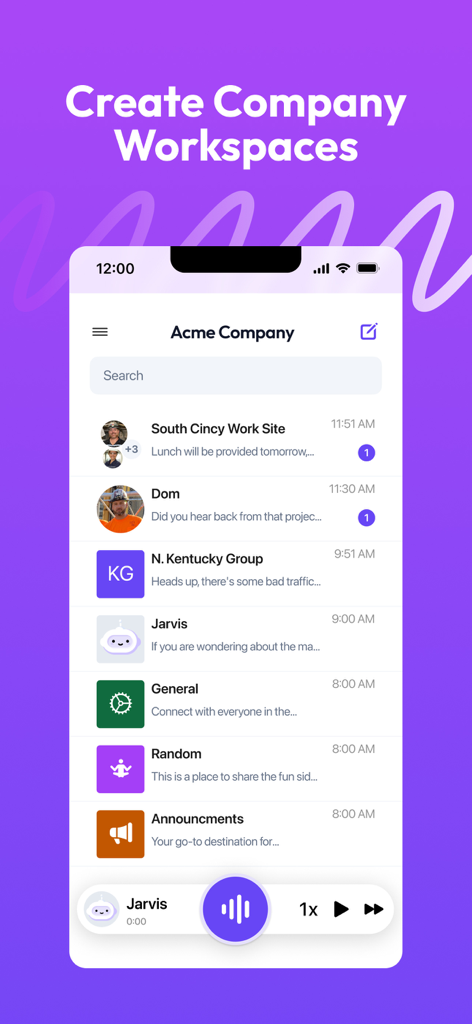 Airwave - Push To Talk (PTT) - Airwave mobile app interface showing company communication channels and AI-powered workspace for field teams.