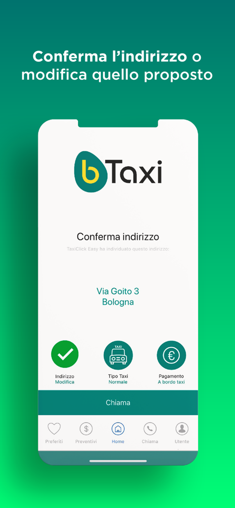 BTaxi - Interfaccia dell'app BTaxi che mostra la fase di conferma dell'indirizzo per prenotare un taxi a Bologna