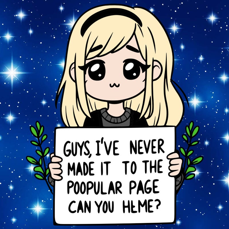 a girl holding up a sign that says, guys, i’ve never made it to the popular page, can you help me?