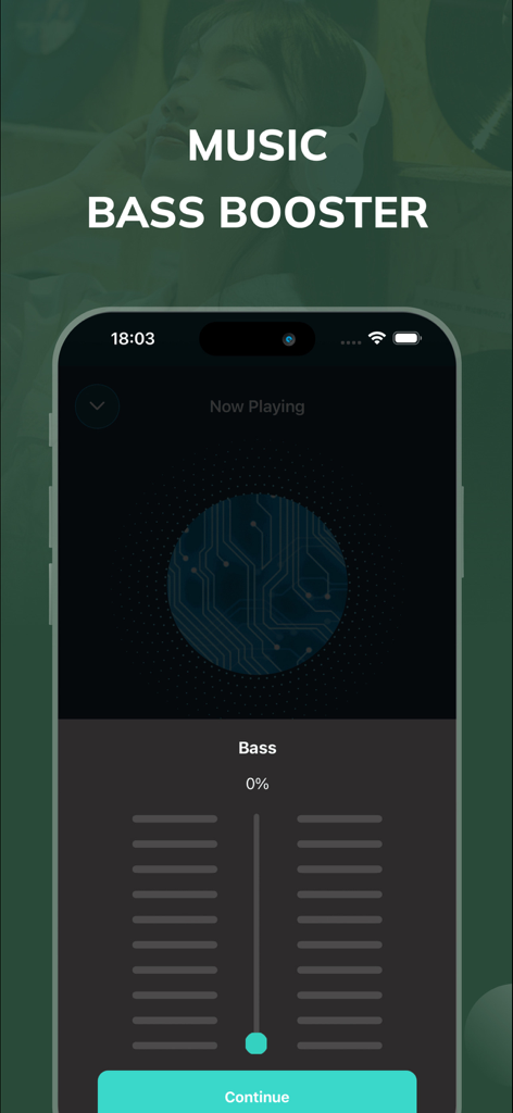 Wakee app interface showing a bass booster adjustment slider for custom music and sound control.