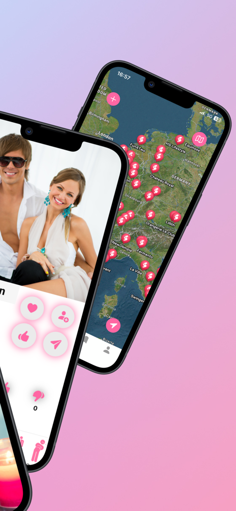 Mobile app screenshots showing a couple's profile and a map with member locations across Europe.