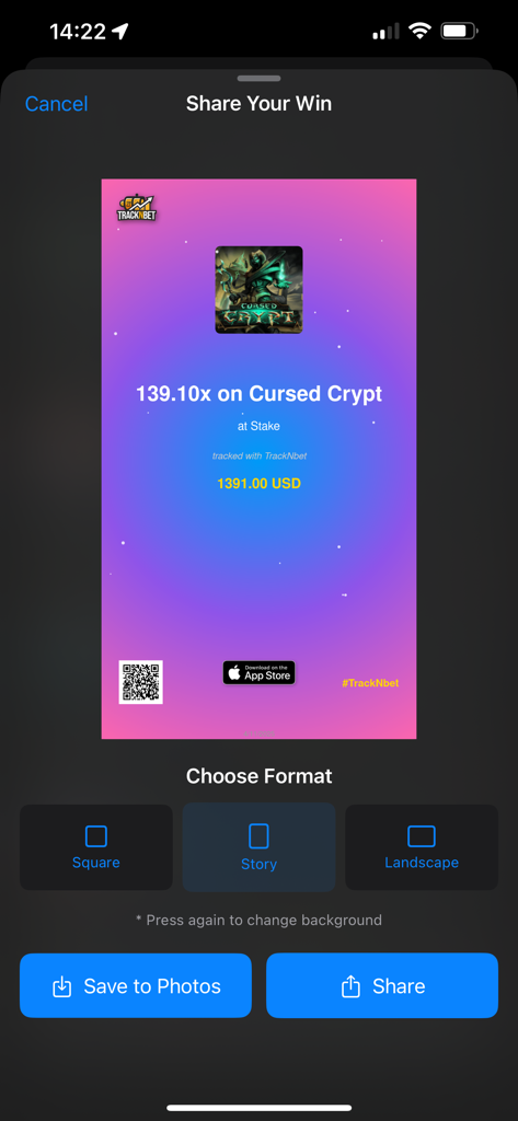 TrackNbet - A mobile interface for the TrackNbet app showing options to share a casino win on social media with custom formats like Story and Square.