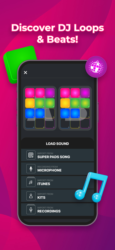 SUPER PADS - Become a DJ Mixer - Interfaz de la aplicación Super Pads que muestra almohadillas de batería coloridas y el menú de carga de sonidos para la creación de música
