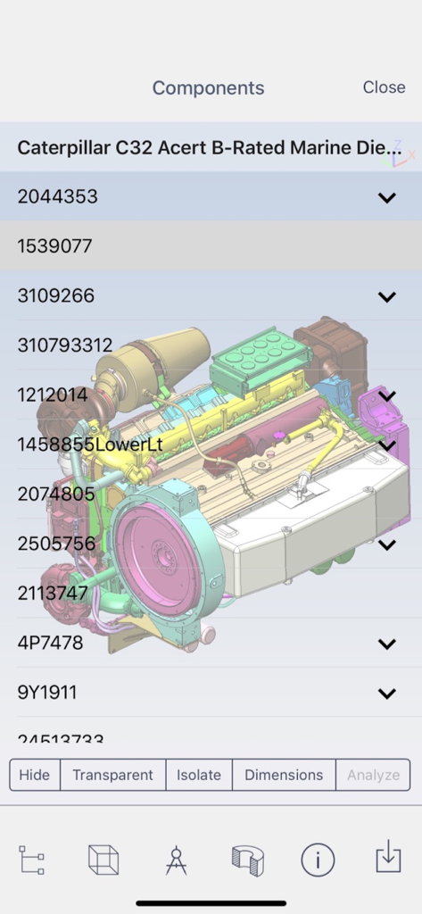 Aplicación Glovius mostrando un modelo 3D de motor con su lista de componentes y herramientas de análisis
