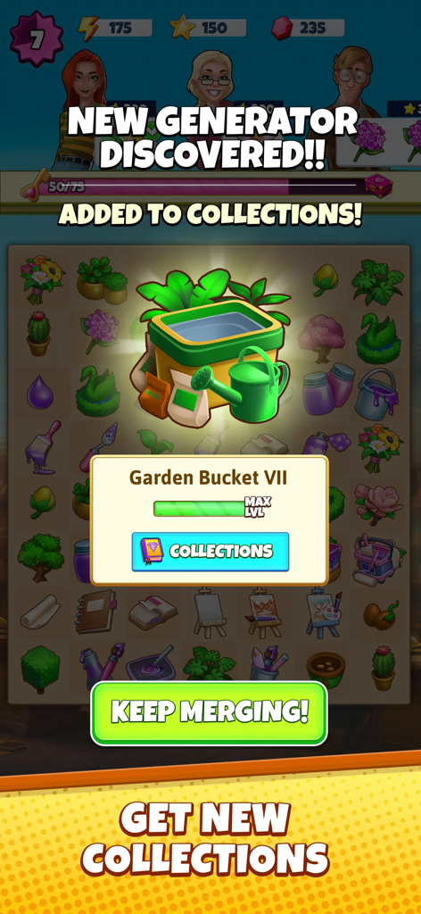 Merge Away! - Puzzle Adventure - A screen from Merge Away showing a newly discovered Garden Bucket generator added to the player collection