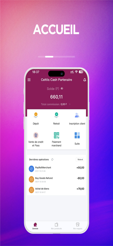 Startbildschirm der Partenaires waa Mobile App mit Kontostand und Geschäftsfunktionen.
