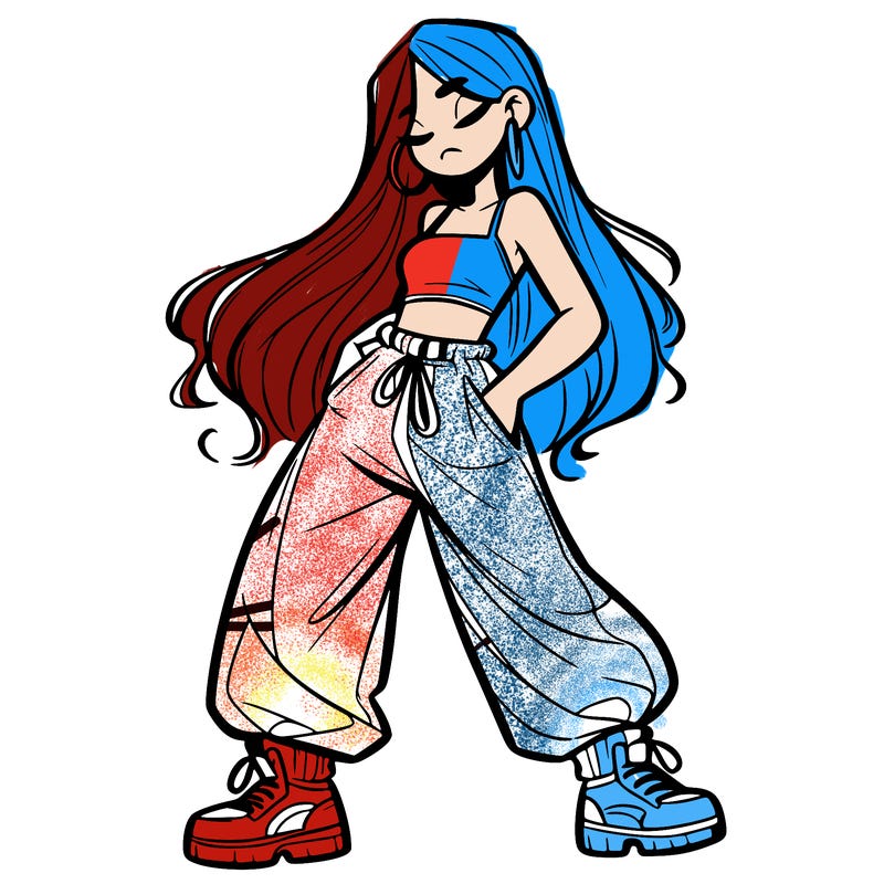 girl in baggy pants crop top and long hair