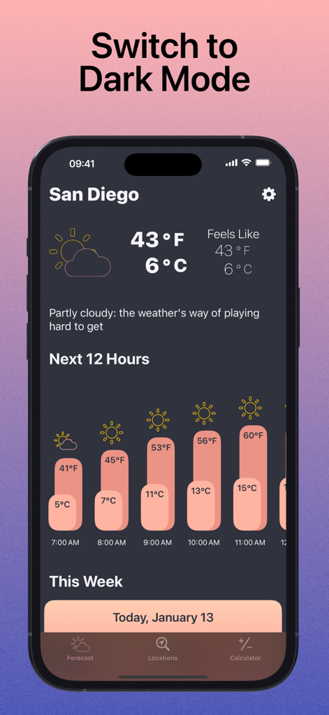 The Weather App by WeatherGo - The Weather App by WeatherGo displaying simultaneous Fahrenheit and Celsius temperatures in dark mode