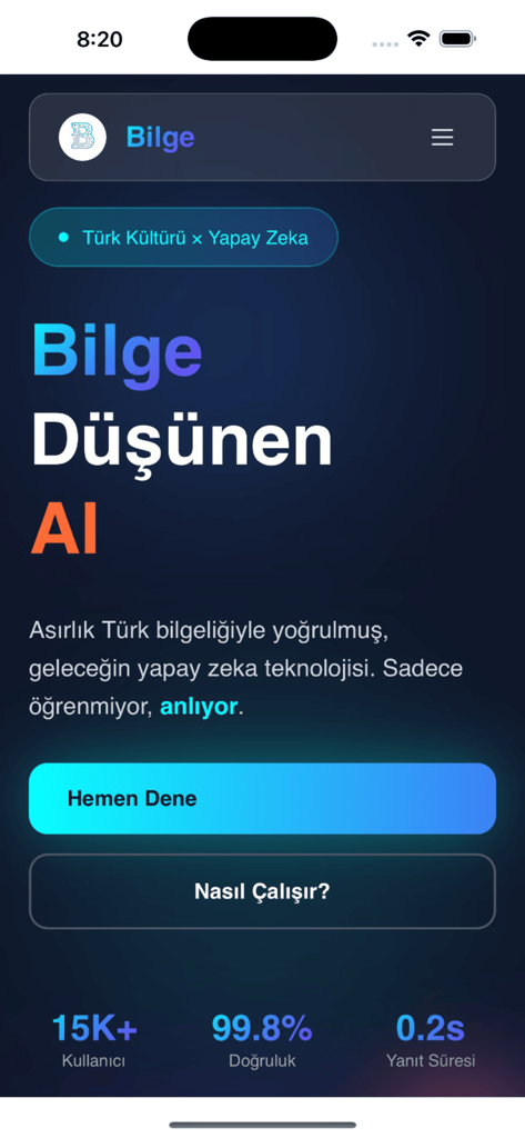 Bilge AI - Türk Yapay Zeka - Home screen of the Bilge AI mobile app showing Turkish language AI features and user statistics