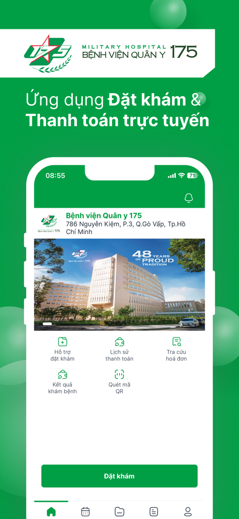 BV Quân Y 175 - Home screen of the Military Hospital 175 mobile app featuring online appointment booking and payment options