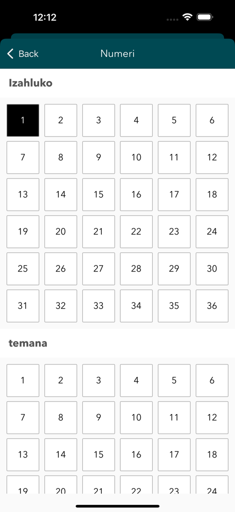 Zulu - English Bible (Offline) - A screen from the Zulu Bible app showing a grid layout for selecting chapters and verses under the book of Numbers.