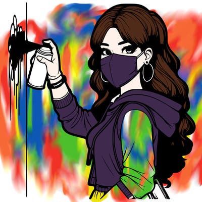 realistic girl with mask spray painting a wall