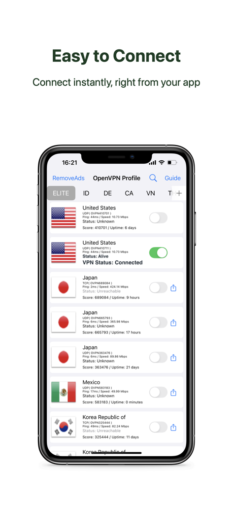 OvpnSpider Pro app interface showing a list of global VPN servers and a connected status for a US profile