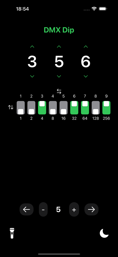 DMX Dip Calc - DMX Dip Calc app interface showing binary dip switch settings for a lighting address