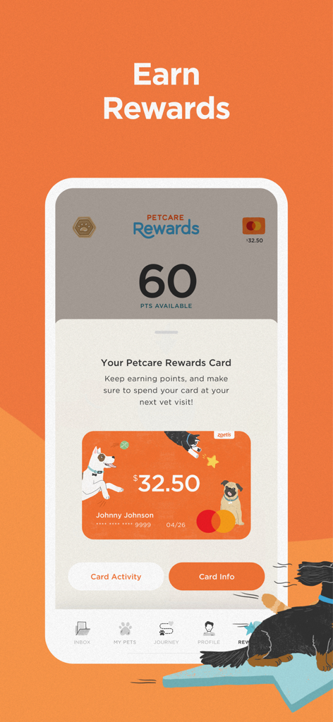 The Pack by Zoetis - ZoetisのThe Packモバイルアプリの画面。ペットケアの報酬ポイントと仮想報酬カードの残高が表示されています