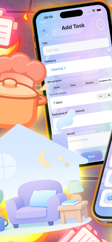 Chiko Jango - The add task screen of the Chiko Jango app showing fields for title category and recurrence
