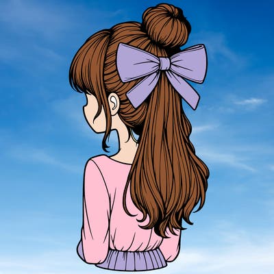 realistic girl  with hip length hair a bun and a big bow on the back of head