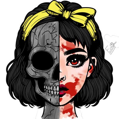 realistic girl with half skull mask