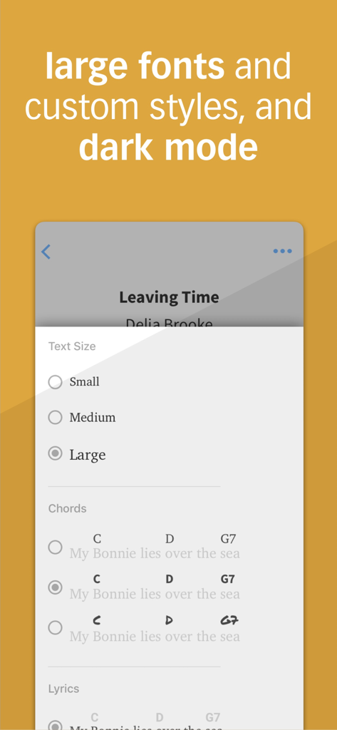 TabBank mobile app interface showing customization options for font size and chord styles