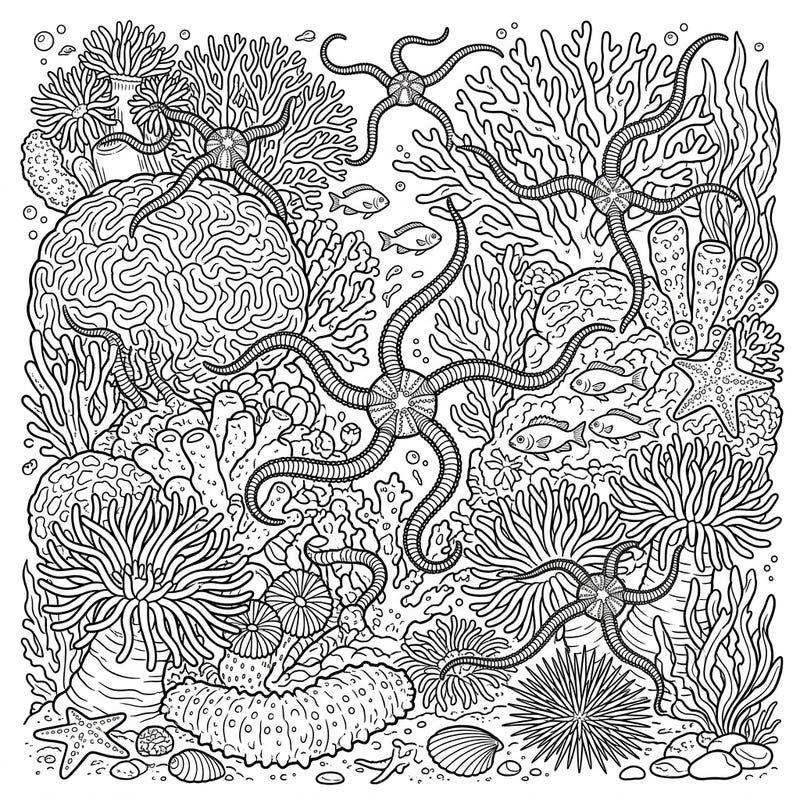 Immerse yourself in the captivating depths of the ocean with this intricate brittle stars coloring page. Featuring a full marine landscape, it's perfect for detailed coloring and underwater discovery.