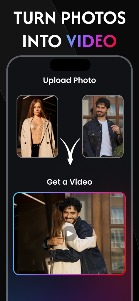 Hugi 앱의 모바일 인터페이스로, 두 개의 개별 사진이 커플이 포옹하는 AI 생성 영상으로 변환되는 것을 보여줍니다.