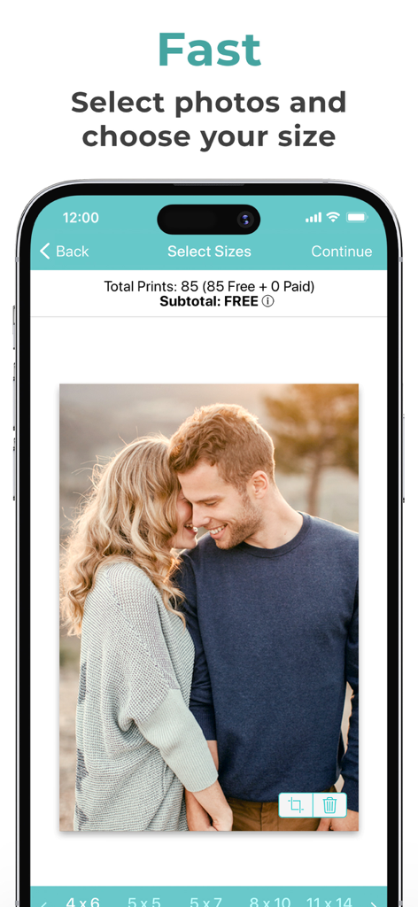 FreePrints – Print Photos - FreePrints app interface showing a photo selection screen where a user can choose print sizes