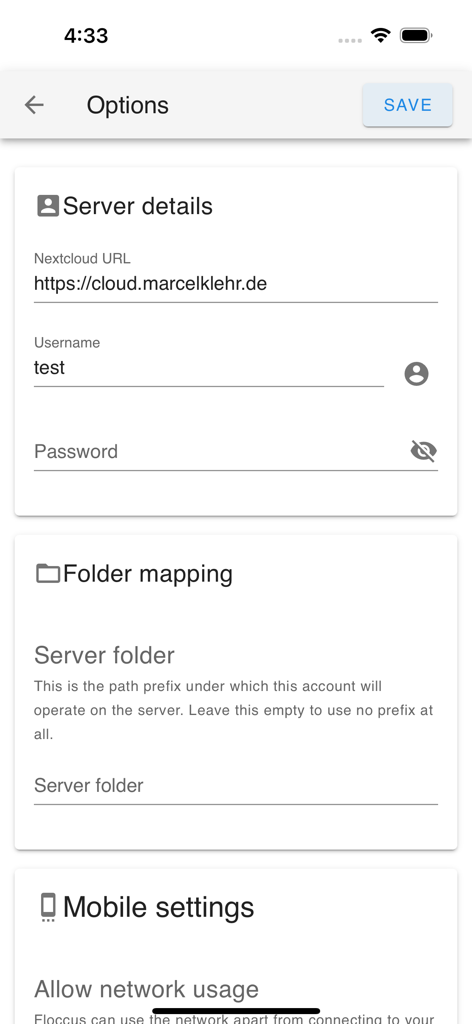 floccus - Captura de pantalla de la página de opciones de la aplicación Floccus mostrando detalles del servidor para Nextcloud y configuración de mapeo de carpetas.