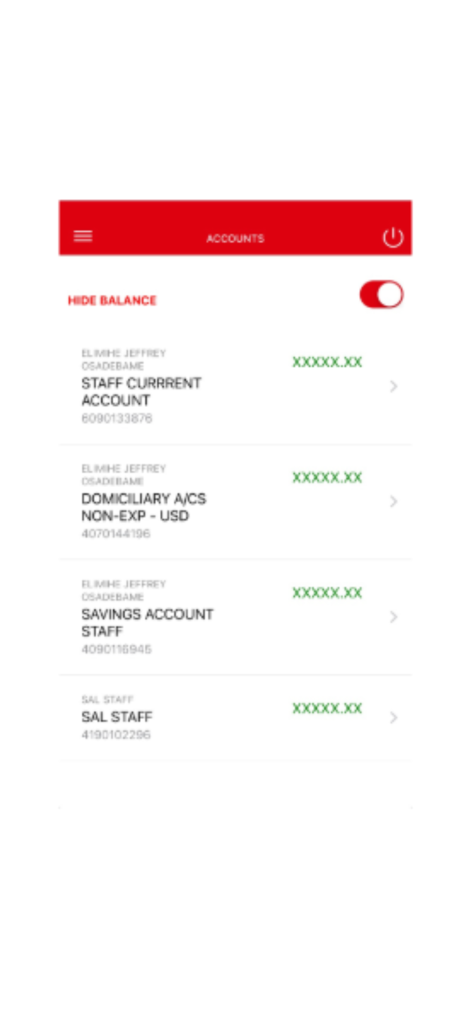 Zenith SierraLeone - Mobile banking app interface showing an overview of various accounts including current, savings, and domiciliary accounts with hidden balances.