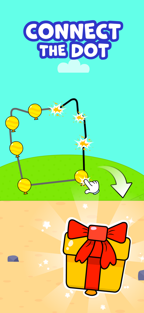 A preschool connect the dot activity featuring yellow balloons and a hidden surprise gift