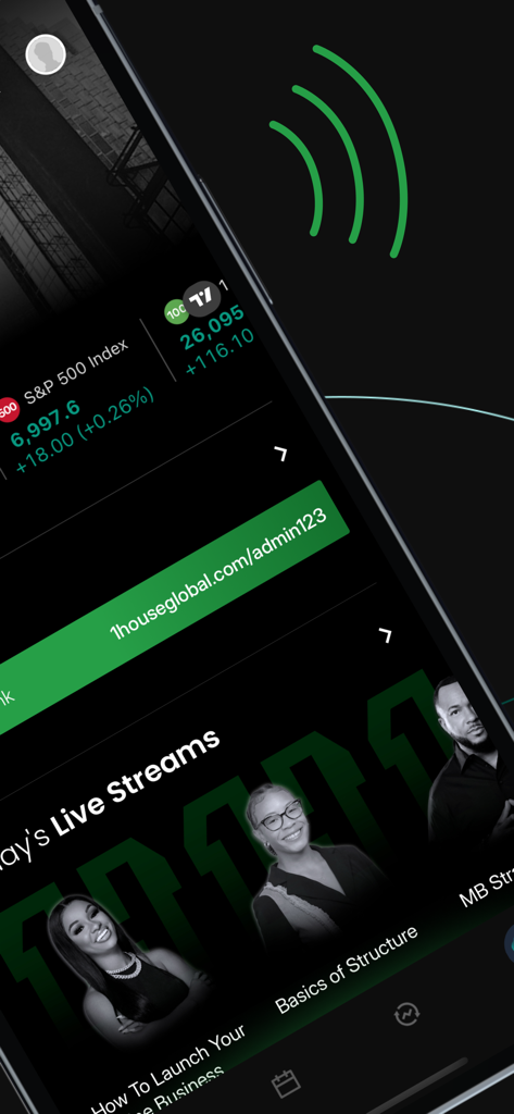 1House - 1House mobile app interface displaying a list of live educational streams and real-time market indices