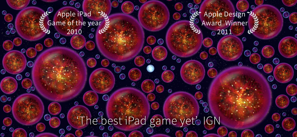 Osmos for iPad - Gameplay screenshot of Osmos for iPad showing glowing biological motes with Apple Design Award and Game of the Year labels