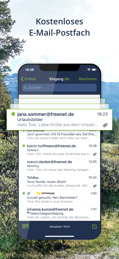 Screenshot of the freenet Mail app inbox interface displaying a list of emails