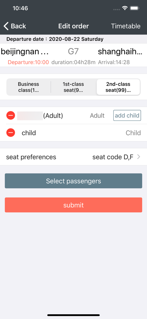 China Train Ticket for 12306官网 - Schermata di modifica dell'ordine nell'app Biglietto Treno Cina che mostra il viaggio da Pechino a Shanghai con opzioni di posto e passeggero