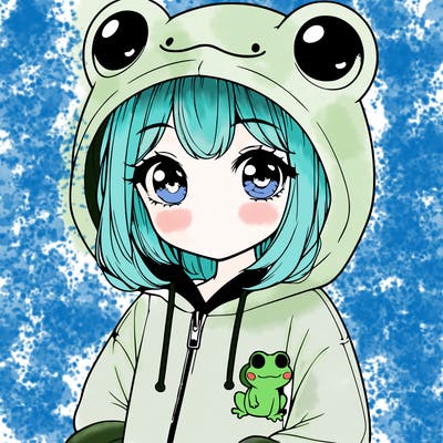 cute realistic girl in a froggy hoodie