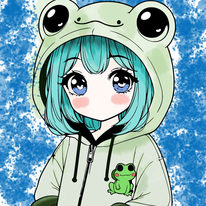 cute realistic girl in a froggy hoodie