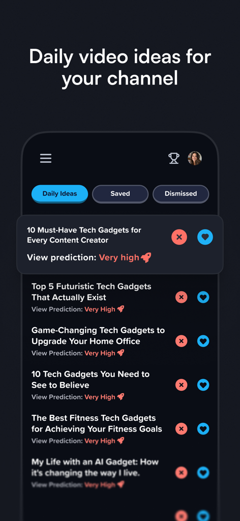 vidIQ for YouTube - Una lista de ideas de contenido de vídeo diarias para creadores de YouTube en la aplicación móvil vidIQ