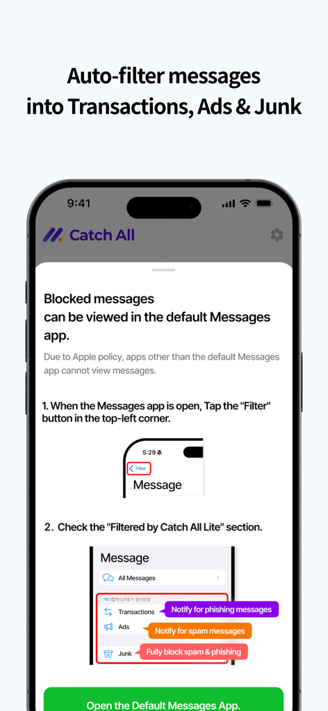 Catch All Lite - Catch All Lite app interface showing SMS message filtering into transactions ads and junk