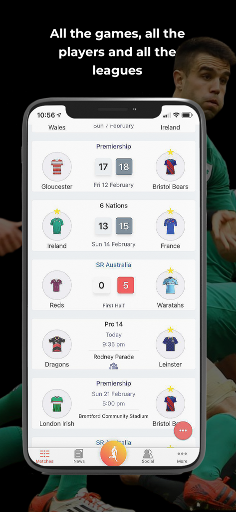Ultimate Rugby - Ultimate Rugby app interface displaying match scores and schedules for various international rugby leagues.