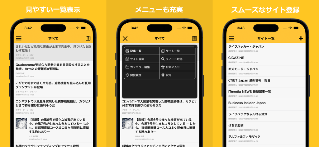 Interface de l'application de lecteur RSS Feeder affichant le fil d'actualités et les catégories de sites sur mobile